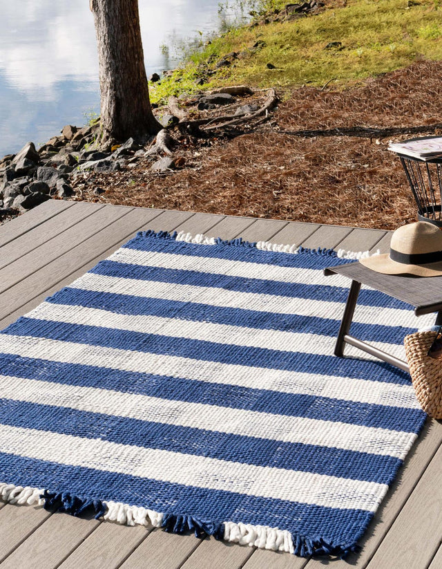 Washable Navy Blue 5' 3 x 8' Eco Plaid Indoor Outdoor Washable Rectangle Area Rug Easy to Clean Stain Resistant & Durable Weather Resistant for Patio, Deck, Terrace, Balcony, Porch 100% Recycled Plastic Bottles Carpet Mat for Sale at Rug Engine