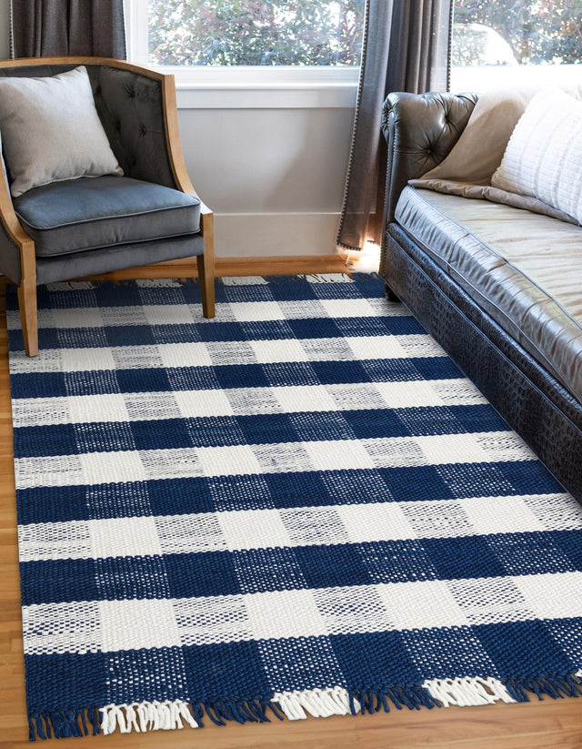 Washable Navy Blue 5' 3 x 8' Eco Plaid Indoor Outdoor Washable Rectangle Area Rug Easy to Clean Stain Resistant & Durable Weather Resistant for Patio, Deck, Terrace, Balcony, Porch 100% Recycled Plastic Bottles Carpet Mat for Sale at Rug Engine