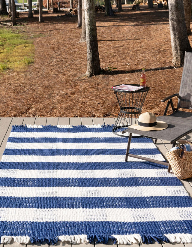 Washable Navy Blue 5' 3 x 8' Eco Plaid Indoor Outdoor Washable Rectangle Area Rug Easy to Clean Stain Resistant & Durable Weather Resistant for Patio, Deck, Terrace, Balcony, Porch 100% Recycled Plastic Bottles Carpet Mat for Sale at Rug Engine