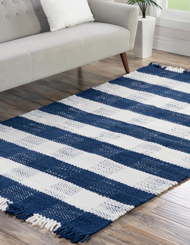 Washable Navy Blue 5' 3 x 8' Eco Plaid Indoor Outdoor Washable Rectangle Area Rug Easy to Clean Stain Resistant & Durable Weather Resistant for Patio, Deck, Terrace, Balcony, Porch 100% Recycled Plastic Bottles Carpet Mat for Sale at Rug Engine