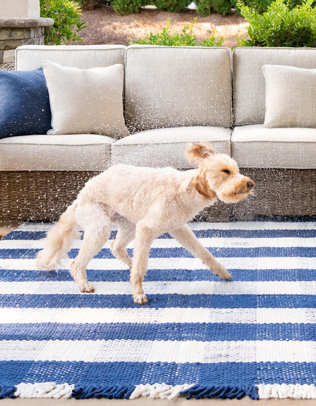 Washable Navy Blue 5' 3 x 8' Eco Plaid Indoor Outdoor Washable Rectangle Area Rug Easy to Clean Stain Resistant & Durable Weather Resistant for Patio, Deck, Terrace, Balcony, Porch 100% Recycled Plastic Bottles Carpet Mat for Sale at Rug Engine