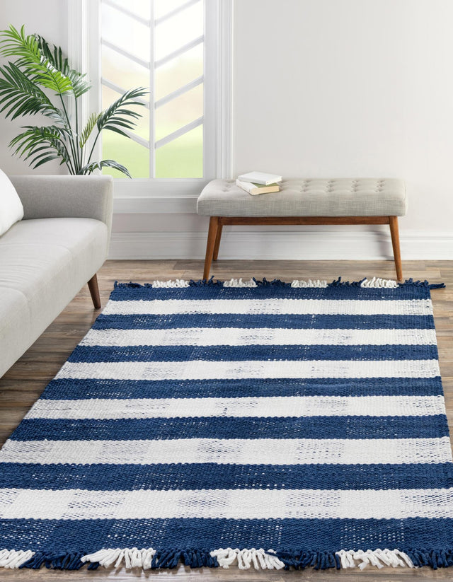 Washable Navy Blue 5' 3 x 8' Eco Plaid Indoor Outdoor Washable Rectangle Area Rug Easy to Clean Stain Resistant & Durable Weather Resistant for Patio, Deck, Terrace, Balcony, Porch 100% Recycled Plastic Bottles Carpet Mat for Sale at Rug Engine