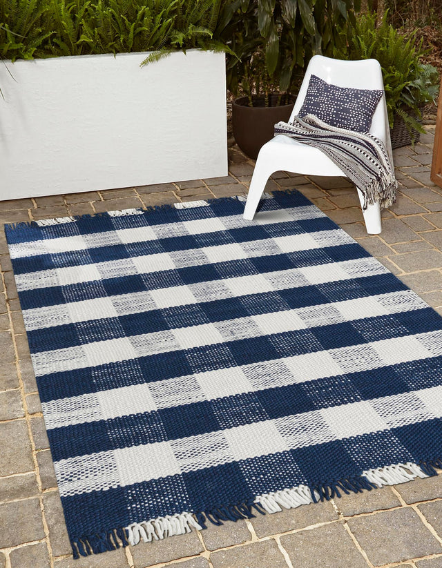 Washable Navy Blue 5' 3 x 8' Eco Plaid Indoor Outdoor Washable Rectangle Area Rug Easy to Clean Stain Resistant & Durable Weather Resistant for Patio, Deck, Terrace, Balcony, Porch 100% Recycled Plastic Bottles Carpet Mat for Sale at Rug Engine
