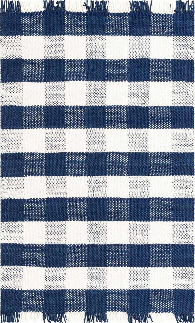 Washable Navy Blue 5' 3 x 8' Eco Plaid Indoor Outdoor Washable Rectangle Area Rug Easy to Clean Stain Resistant & Durable Weather Resistant for Patio, Deck, Terrace, Balcony, Porch 100% Recycled Plastic Bottles Carpet Mat for Sale at Rug Engine