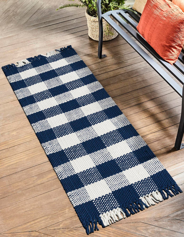 Washable Navy Blue 2' x 8' Eco Plaid Indoor Outdoor Washable Runner Area Rug Easy to Clean Stain Resistant & Durable Weather Resistant for Patio, Deck, Terrace, Balcony, Porch 100% Recycled Plastic Bottles Carpet Mat for Sale at Rug Engine