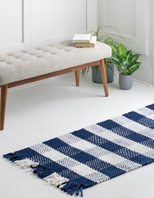 Washable Navy Blue 2' x 8' Eco Plaid Indoor Outdoor Washable Runner Area Rug Easy to Clean Stain Resistant & Durable Weather Resistant for Patio, Deck, Terrace, Balcony, Porch 100% Recycled Plastic Bottles Carpet Mat for Sale at Rug Engine