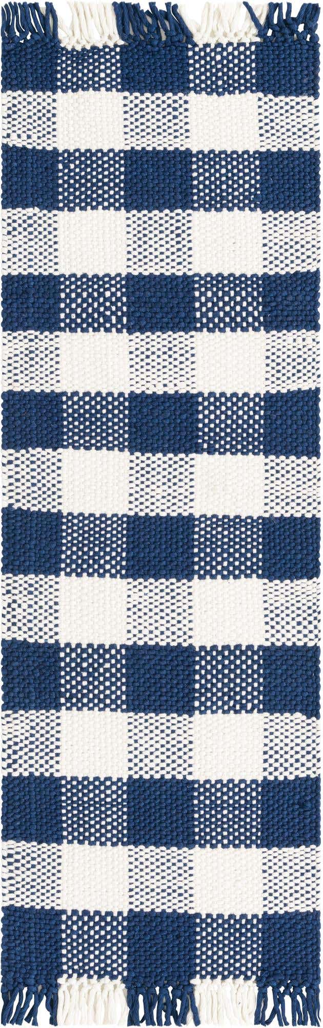 Washable Navy Blue 2' x 6' 1 Eco Plaid Indoor Outdoor Washable Runner Area Rug Easy to Clean Stain Resistant & Durable Weather Resistant for Patio, Deck, Terrace, Balcony, Porch 100% Recycled Plastic Bottles Carpet Mat for Sale at Rug Engine