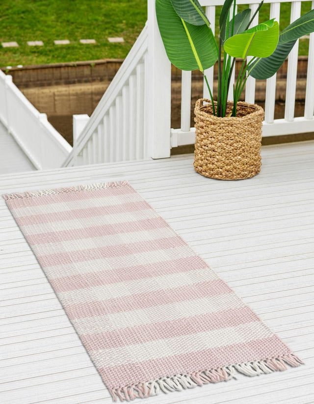Washable Pink 2' x 8' Eco Plaid Indoor Outdoor Washable Runner Area Rug Easy to Clean Stain Resistant & Durable Weather Resistant for Patio, Deck, Terrace, Balcony, Porch 100% Recycled Plastic Bottles Carpet Mat for Sale at Rug Engine