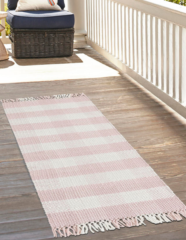 Washable Pink 2' x 8' Eco Plaid Indoor Outdoor Washable Runner Area Rug Easy to Clean Stain Resistant & Durable Weather Resistant for Patio, Deck, Terrace, Balcony, Porch 100% Recycled Plastic Bottles Carpet Mat for Sale at Rug Engine