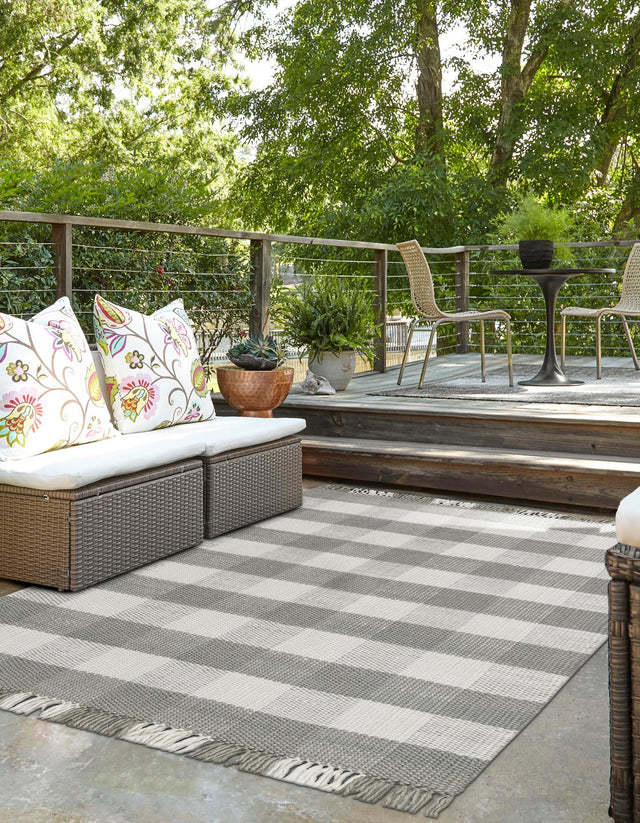 Washable Gray 5' 3 x 8' Eco Plaid Indoor Outdoor Washable Rectangle Area Rug Easy to Clean Stain Resistant & Durable Weather Resistant for Patio, Deck, Terrace, Balcony, Porch 100% Recycled Plastic Bottles Carpet Mat for Sale at Rug Engine