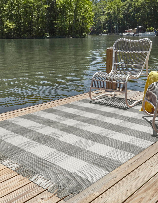 Washable Gray 5' 3 x 8' Eco Plaid Indoor Outdoor Washable Rectangle Area Rug Easy to Clean Stain Resistant & Durable Weather Resistant for Patio, Deck, Terrace, Balcony, Porch 100% Recycled Plastic Bottles Carpet Mat for Sale at Rug Engine