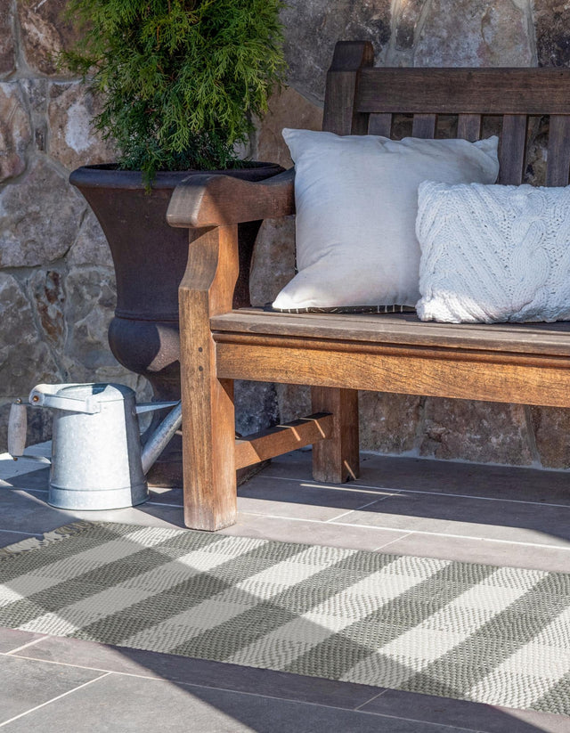 Washable Gray 2' x 8' Eco Plaid Indoor Outdoor Washable Runner Area Rug Easy to Clean Stain Resistant & Durable Weather Resistant for Patio, Deck, Terrace, Balcony, Porch 100% Recycled Plastic Bottles Carpet Mat for Sale at Rug Engine