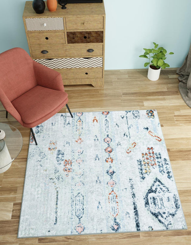 Washable Ivory Gray 7' 10 x 7' 10 Kamala Washable Square Area Rug Easy to Clean Stain Resistant & Durable 100% Polyester Spill-Friendly Carpet for Sale at Rug Engine
