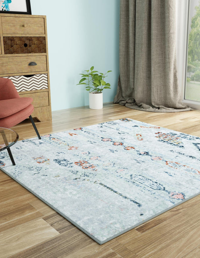 Washable Ivory Gray 7' 10 x 7' 10 Kamala Washable Square Area Rug Easy to Clean Stain Resistant & Durable 100% Polyester Spill-Friendly Carpet for Sale at Rug Engine