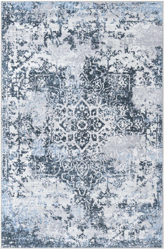 Washable Navy Blue 4' 1 x 6' 1 Kamala Washable Rectangle Area Rug Easy to Clean Stain Resistant & Durable 100% Polyester Spill-Friendly Carpet for Sale at Rug Engine