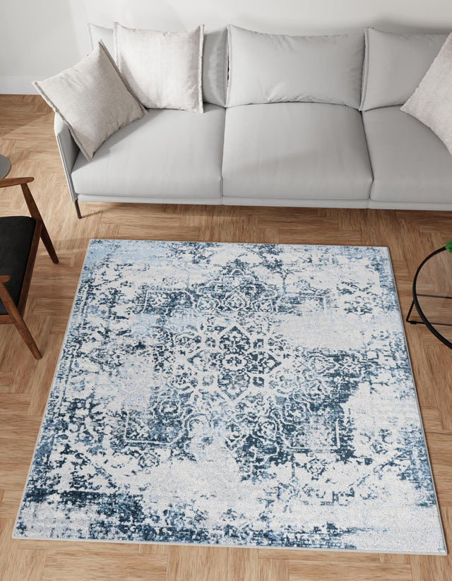 Washable Navy Blue 7' 10 x 7' 10 Kamala Washable Square Area Rug Easy to Clean Stain Resistant & Durable 100% Polyester Spill-Friendly Carpet for Sale at Rug Engine
