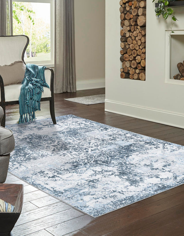 Washable Navy Blue 4' 1 x 6' 1 Kamala Washable Rectangle Area Rug Easy to Clean Stain Resistant & Durable 100% Polyester Spill-Friendly Carpet for Sale at Rug Engine