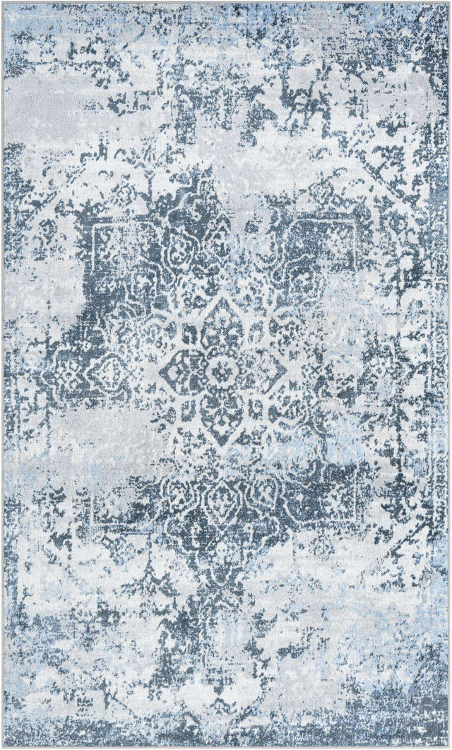 Washable Navy Blue 5' 3 x 8' Kamala Washable Rectangle Area Rug Easy to Clean Stain Resistant & Durable 100% Polyester Spill-Friendly Carpet for Sale at Rug Engine