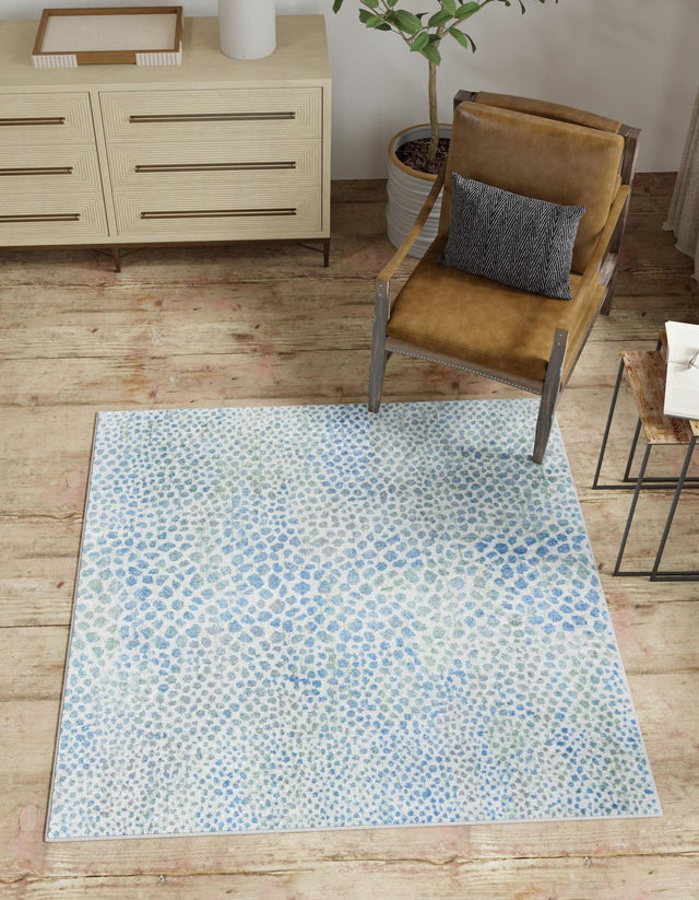 Washable Ivory Blue 5' 3 x 5' 3 Kamala Washable Square Area Rug Easy to Clean Stain Resistant & Durable 100% Polyester Spill-Friendly Carpet for Sale at Rug Engine