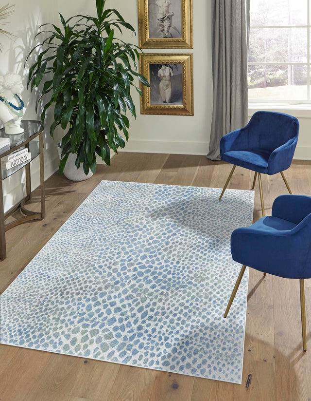Washable Ivory Blue 6' 1 x 9' Kamala Washable Rectangle Area Rug Easy to Clean Stain Resistant & Durable 100% Polyester Spill-Friendly Carpet for Sale at Rug Engine