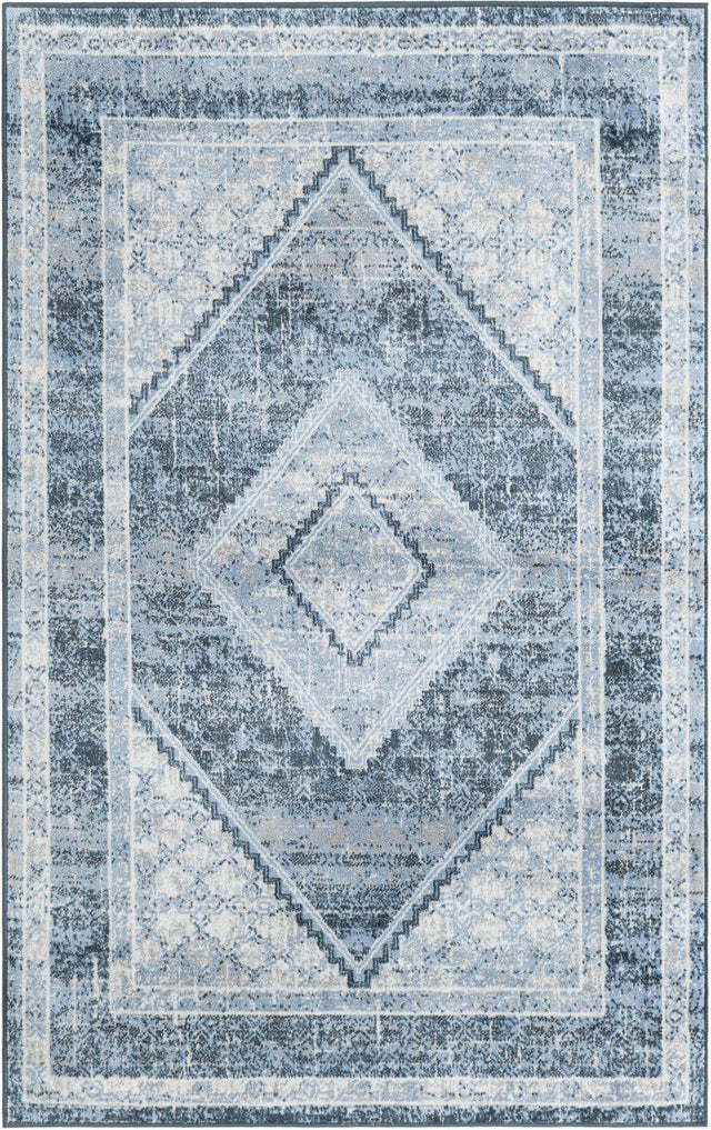 Washable Navy Blue 4' 1 x 6' 1 Kamala Washable Rectangle Area Rug Easy to Clean Stain Resistant & Durable 100% Polyester Spill-Friendly Carpet for Sale at Rug Engine