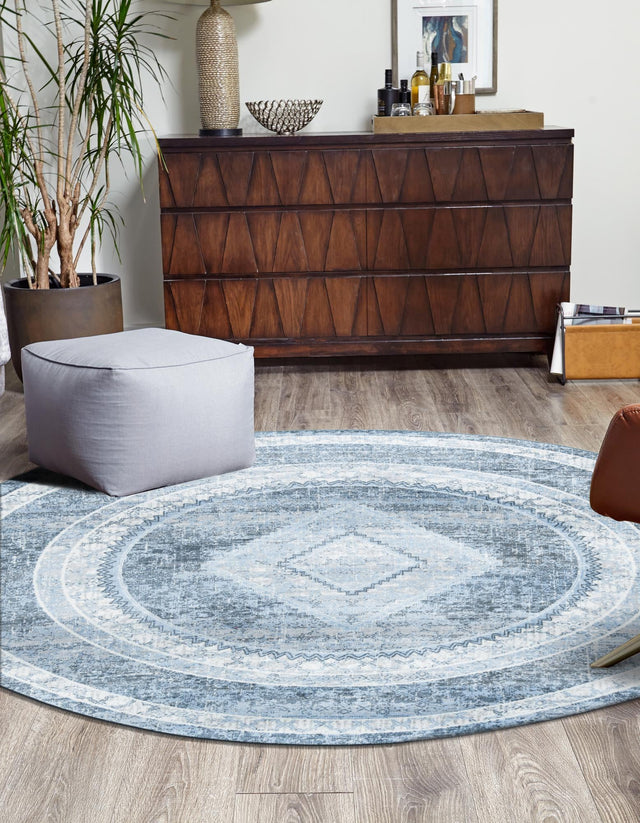 Washable Navy Blue 3' 3 x 3' 3 Kamala Washable Round Area Rug Easy to Clean Stain Resistant & Durable 100% Polyester Spill-Friendly Carpet for Sale at Rug Engine