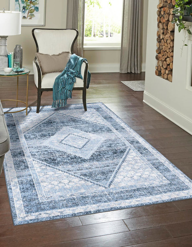 Washable Navy Blue 7' 10 x 10' Kamala Washable Rectangle Area Rug Easy to Clean Stain Resistant & Durable 100% Polyester Spill-Friendly Carpet for Sale at Rug Engine