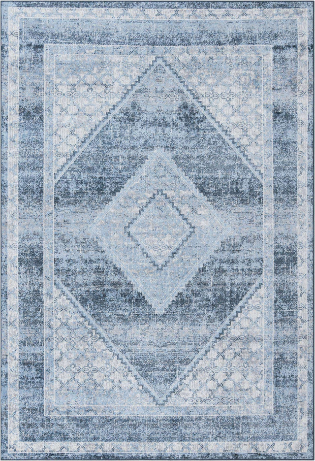 Washable Navy Blue 6' 1 x 9' Kamala Washable Rectangle Area Rug Easy to Clean Stain Resistant & Durable 100% Polyester Spill-Friendly Carpet for Sale at Rug Engine