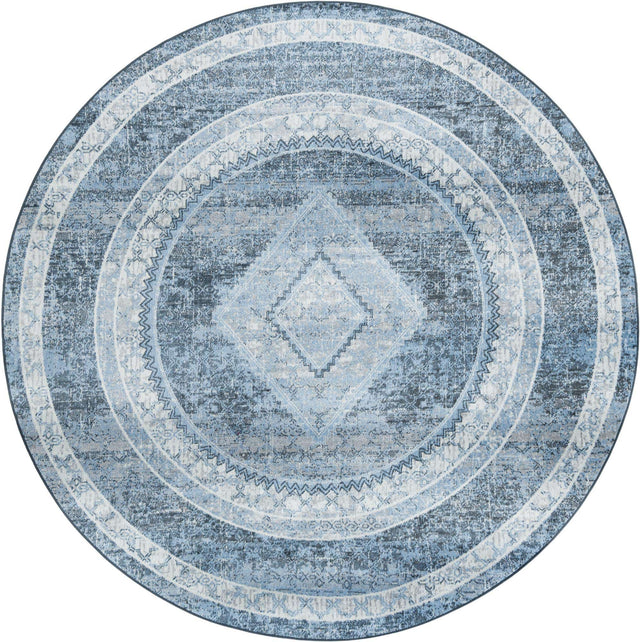 Washable Navy Blue 7' 10 x 7' 10 Kamala Washable Round Area Rug Easy to Clean Stain Resistant & Durable 100% Polyester Spill-Friendly Carpet for Sale at Rug Engine