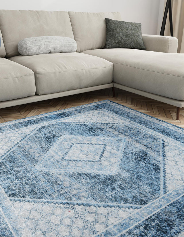 Washable Navy Blue 7' 10 x 7' 10 Kamala Washable Square Area Rug Easy to Clean Stain Resistant & Durable 100% Polyester Spill-Friendly Carpet for Sale at Rug Engine