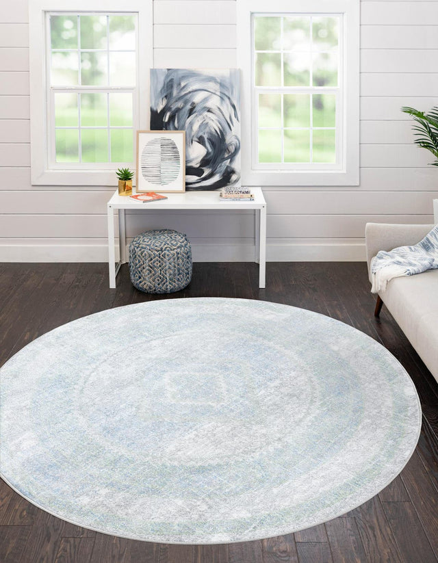Washable Gray Green 5' 3 x 5' 3 Kamala Washable Round Area Rug Easy to Clean Stain Resistant & Durable 100% Polyester Spill-Friendly Carpet for Sale at Rug Engine