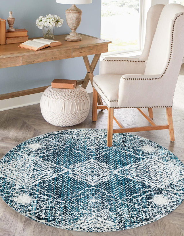 Washable Navy Blue 7' 10 x 7' 10 Kamala Washable Round Area Rug Easy to Clean Stain Resistant & Durable 100% Polyester Spill-Friendly Carpet for Sale at Rug Engine