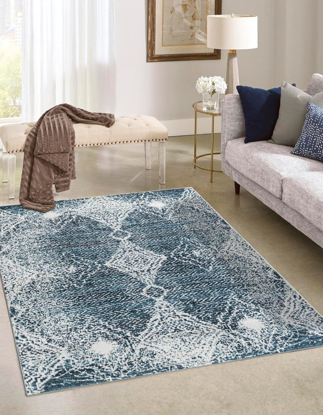 Washable Navy Blue 4' 1 x 6' 1 Kamala Washable Rectangle Area Rug Easy to Clean Stain Resistant & Durable 100% Polyester Spill-Friendly Carpet for Sale at Rug Engine
