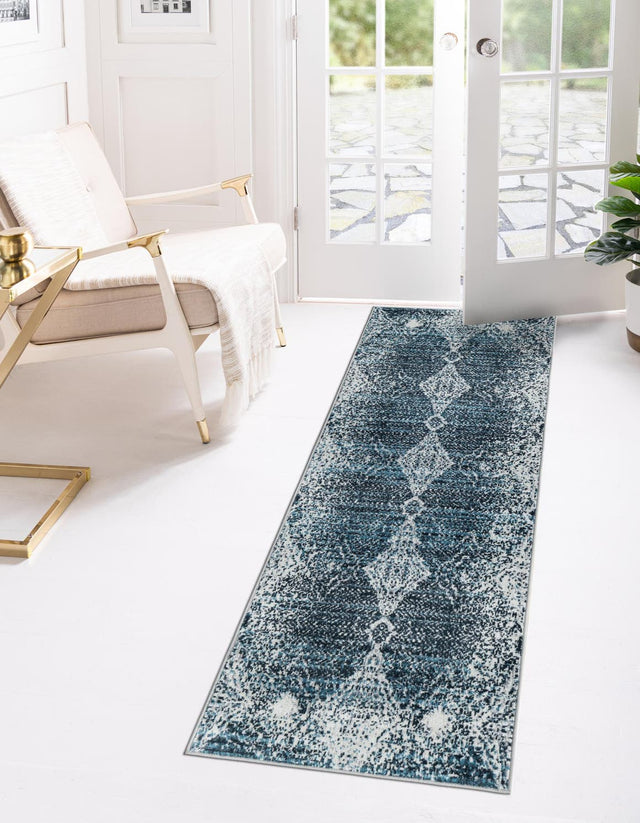 Washable Navy Blue 2' 7 x 12' Kamala Washable Runner Area Rug Easy to Clean Stain Resistant & Durable 100% Polyester Spill-Friendly Carpet for Sale at Rug Engine