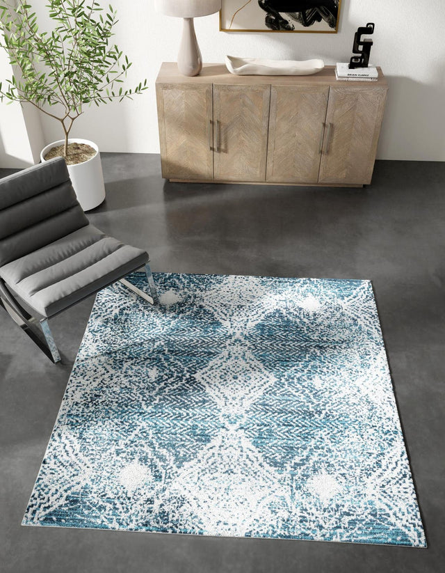 Washable Navy Blue 7' 10 x 7' 10 Kamala Washable Square Area Rug Easy to Clean Stain Resistant & Durable 100% Polyester Spill-Friendly Carpet for Sale at Rug Engine
