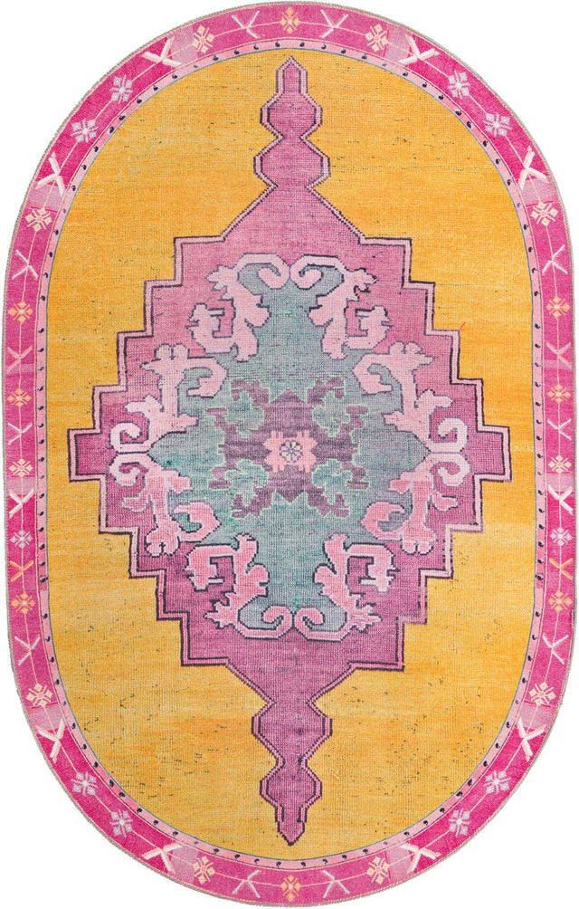 Washable Yellow 2' x 3' 1 Timeless Oval Area Rug Easy to Clean Stain Resistant & Durable Traditional Classic Vintage Design Carpet for Sale at Rug Engine