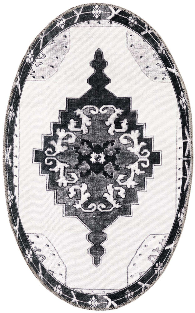 Washable Black and White 2' x 3' 1 Timeless Oval Area Rug Easy to Clean Stain Resistant & Durable Traditional Classic Vintage Design Carpet for Sale at Rug Engine