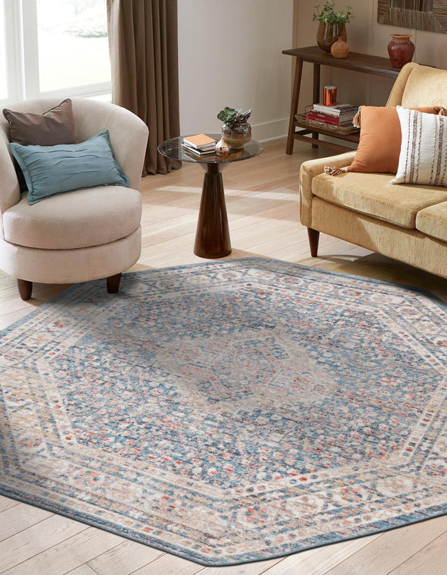 Blue 3' 11 x 3' 11 Noble Octagon Area Rug 100% Polyester Traditional Distressed Classic Contemporary Carpet for Home Decor for Sale at Rug Engine