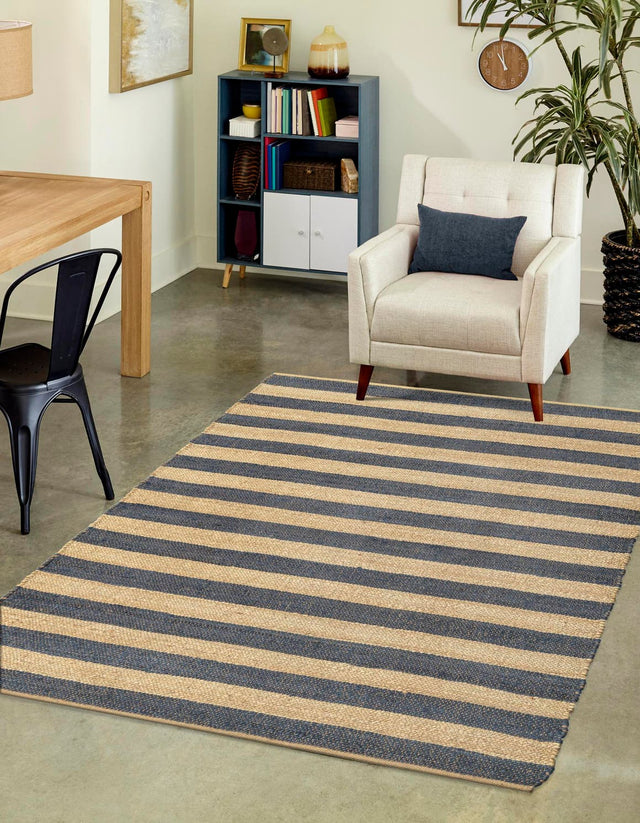 Navy Ivory 6' 1 x 9' Braided Jute Rectangle Area Rug 100% Jute Hand Braided Natural Eco-Friendly Boho Style Carpet for Living Rooms Dining Office Space Dorms for Sale at Rug Engine
