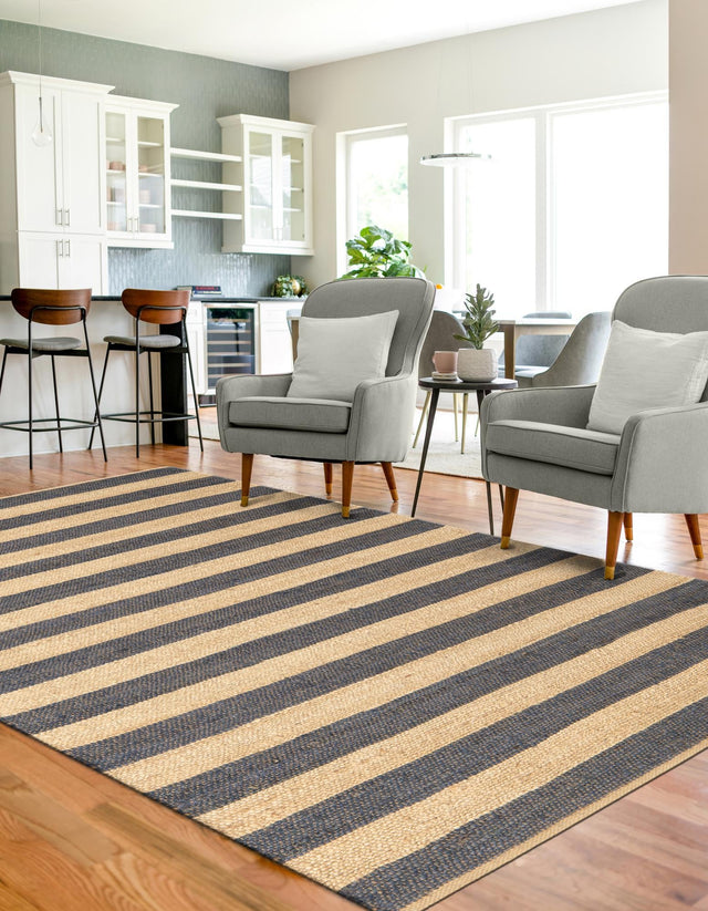 Navy Ivory 6' 1 x 9' Braided Jute Rectangle Area Rug 100% Jute Hand Braided Natural Eco-Friendly Boho Style Carpet for Living Rooms Dining Office Space Dorms for Sale at Rug Engine