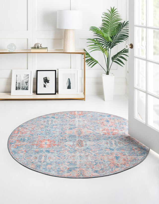 Washable Blue 5' x 5' Timeless Round Area Rug Easy to Clean Stain Resistant & Durable Traditional Classic Vintage Design Carpet for Sale at Rug Engine