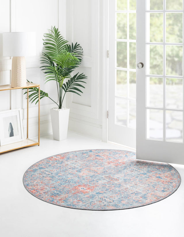 Washable Blue 7' 7 x 7' 7 Timeless Round Area Rug Easy to Clean Stain Resistant & Durable Traditional Classic Vintage Design Carpet for Sale at Rug Engine