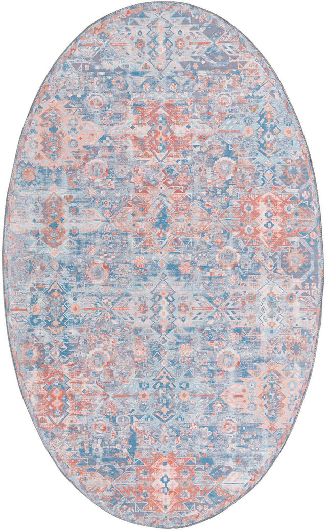 Washable Blue 5' x 8' Timeless Oval Area Rug Easy to Clean Stain Resistant & Durable Traditional Classic Vintage Design Carpet for Sale at Rug Engine