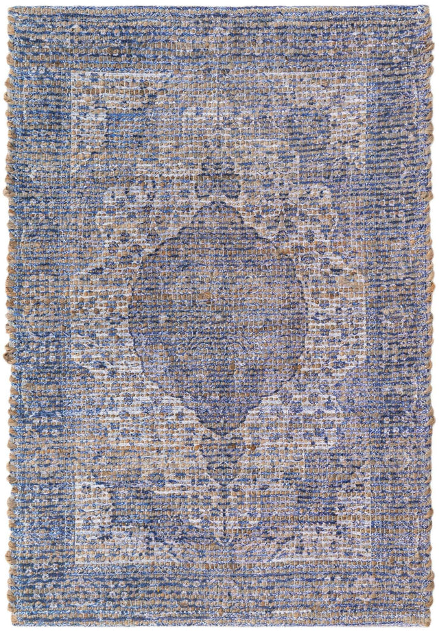 Blue 2' x 3' 1 Chenille Jute Rectangle Area Rug Vintage Distressed Boho All Natural Eco-Friendly Sustainable Carpet for Living Dining Office Dorm Rooms for Sale at Rug Engine
