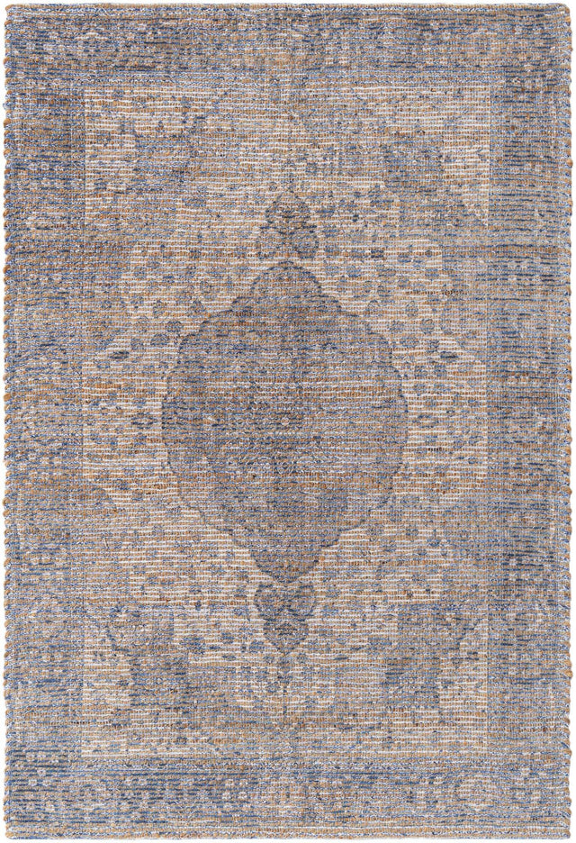 Blue 4' 1 x 6' 1 Chenille Jute Rectangle Area Rug Vintage Distressed Boho All Natural Eco-Friendly Sustainable Carpet for Living Dining Office Dorm Rooms for Sale at Rug Engine
