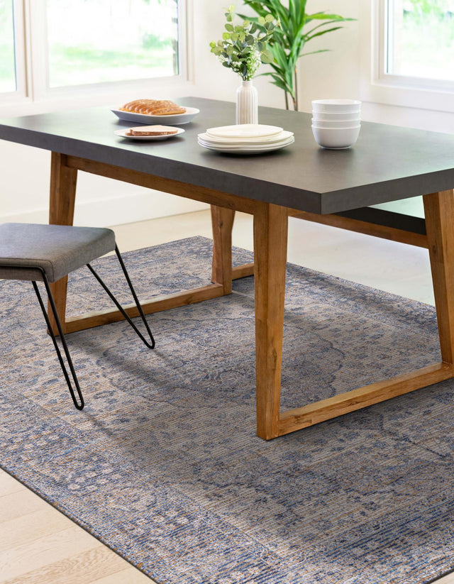 Blue 6' 1 x 9' Chenille Jute Rectangle Area Rug Vintage Distressed Boho All Natural Eco-Friendly Sustainable Carpet for Living Dining Office Dorm Rooms for Sale at Rug Engine