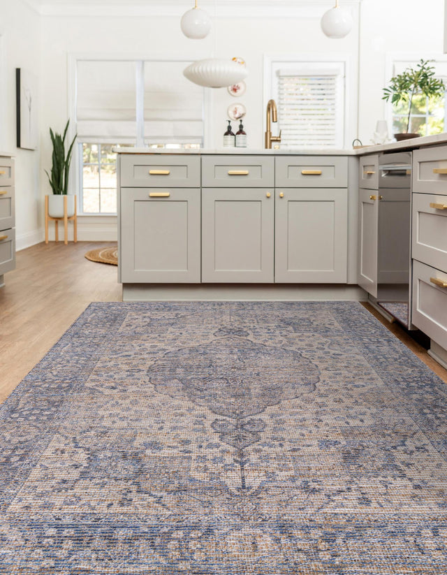 Blue 4' 1 x 6' 1 Chenille Jute Rectangle Area Rug Vintage Distressed Boho All Natural Eco-Friendly Sustainable Carpet for Living Dining Office Dorm Rooms for Sale at Rug Engine