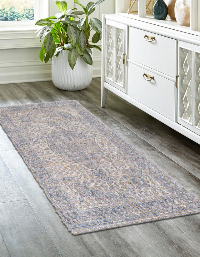Blue 2' 2 x 6' 1 Chenille Jute Runner Area Rug Vintage Distressed Boho All Natural Eco-Friendly Sustainable Carpet for Living Dining Office Dorm Rooms for Sale at Rug Engine