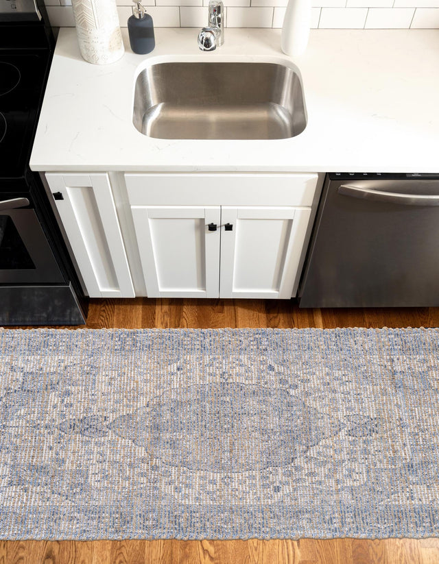 Blue 2' 2 x 8' Chenille Jute Runner Area Rug Vintage Distressed Boho All Natural Eco-Friendly Sustainable Carpet for Living Dining Office Dorm Rooms for Sale at Rug Engine
