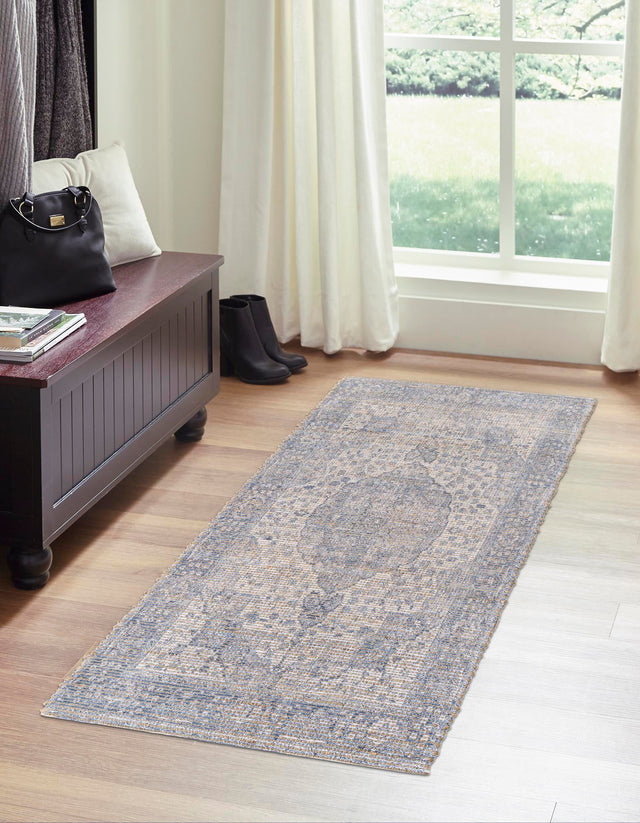 Blue 2' 2 x 8' Chenille Jute Runner Area Rug Vintage Distressed Boho All Natural Eco-Friendly Sustainable Carpet for Living Dining Office Dorm Rooms for Sale at Rug Engine